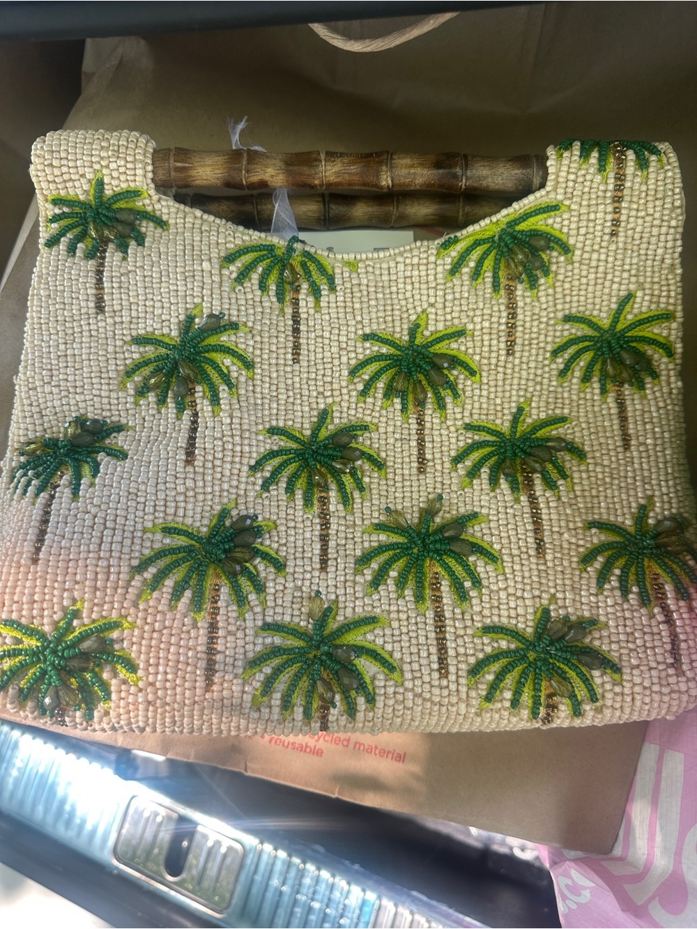 Made in India viral Palm tree motif Bag - Cream & Green